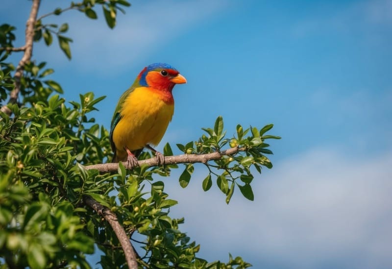 A colorful bird perched on a branch, surrounded by green foliage, with a clear blue sky in the background