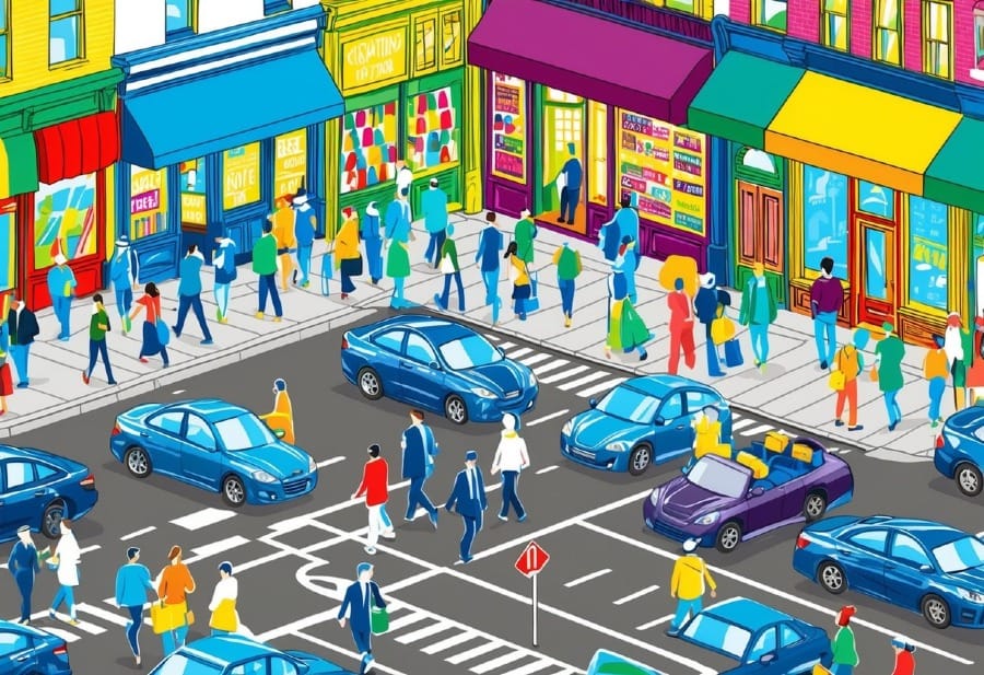 A bustling city street with people walking, cars driving, and colorful storefronts. The scene is filled with energy and movement, capturing the essence of urban life