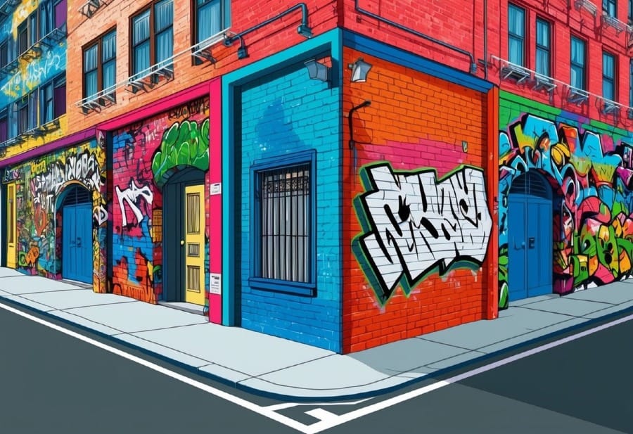 A vibrant city alleyway with colorful graffiti covering the walls, contrasting against the urban backdrop