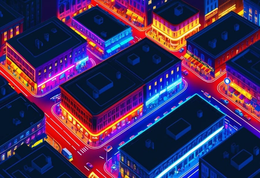 Vibrant neon lights illuminate the dark city streets, casting a colorful glow on the surrounding buildings and creating a captivating nighttime scene