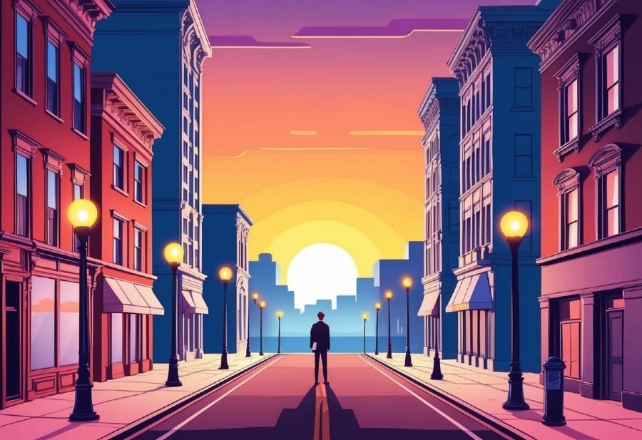 A lone figure stands on a quiet street at sunset, surrounded by tall buildings and glowing streetlights