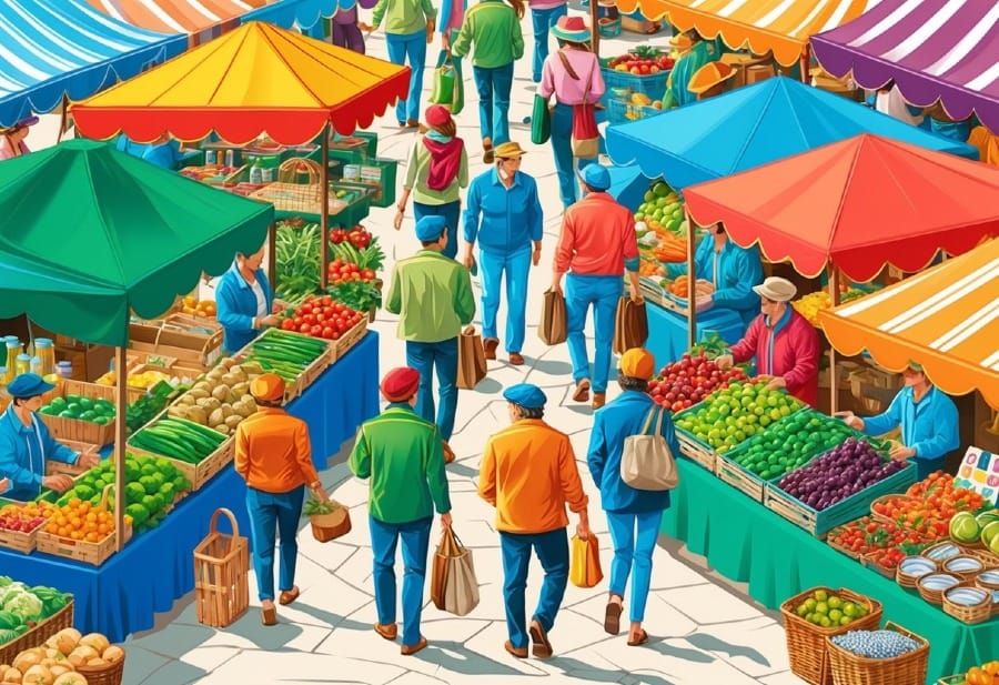 Vendors set up colorful stalls, selling fresh produce and handmade goods, as shoppers weave through the crowded market