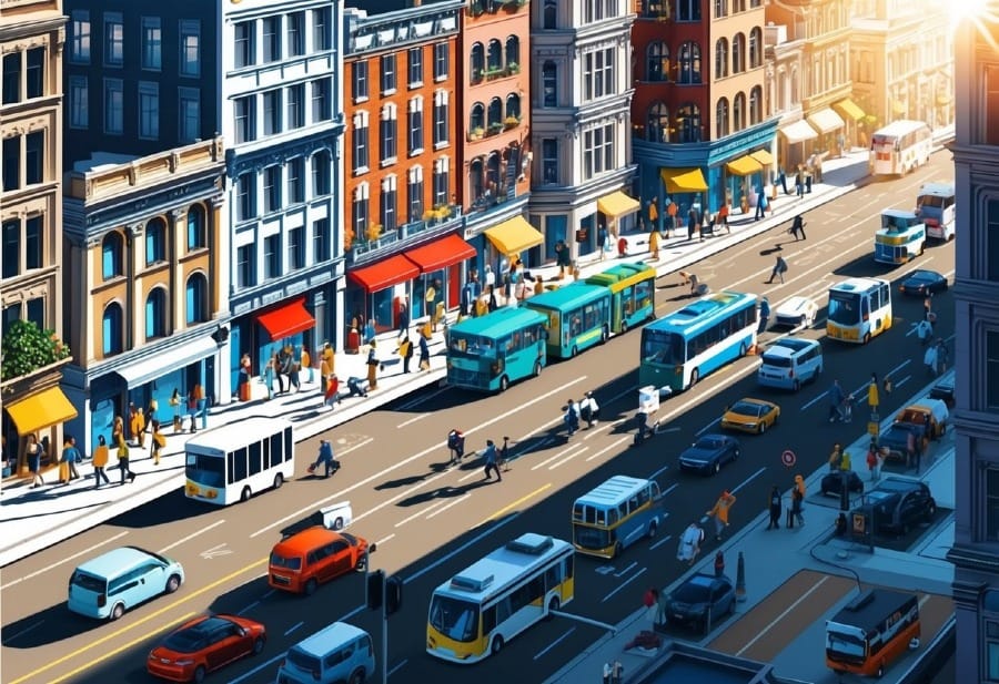 Busy city street with diverse architecture, people in motion, and various modes of transportation. Sunlight casts dynamic shadows and highlights