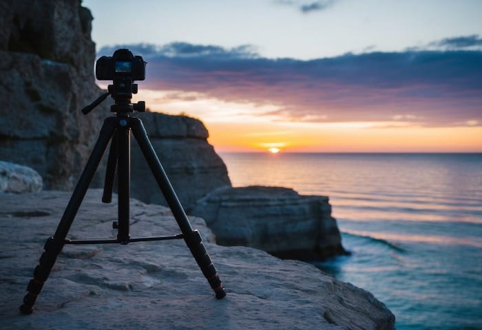 A sturdy tripod stands on a rocky cliff overlooking a breathtaking sunset at the edge of a calm ocean